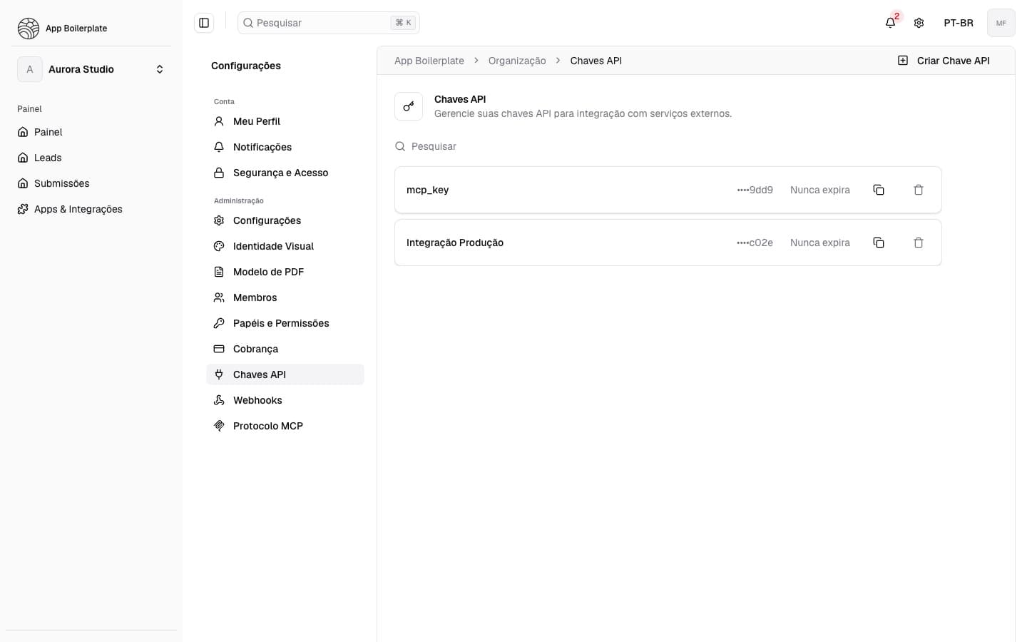 API Keys page showing API key management tools and existing keys.