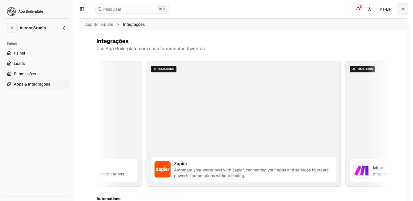 Integrations page showing available integrations organized by category with installation options.