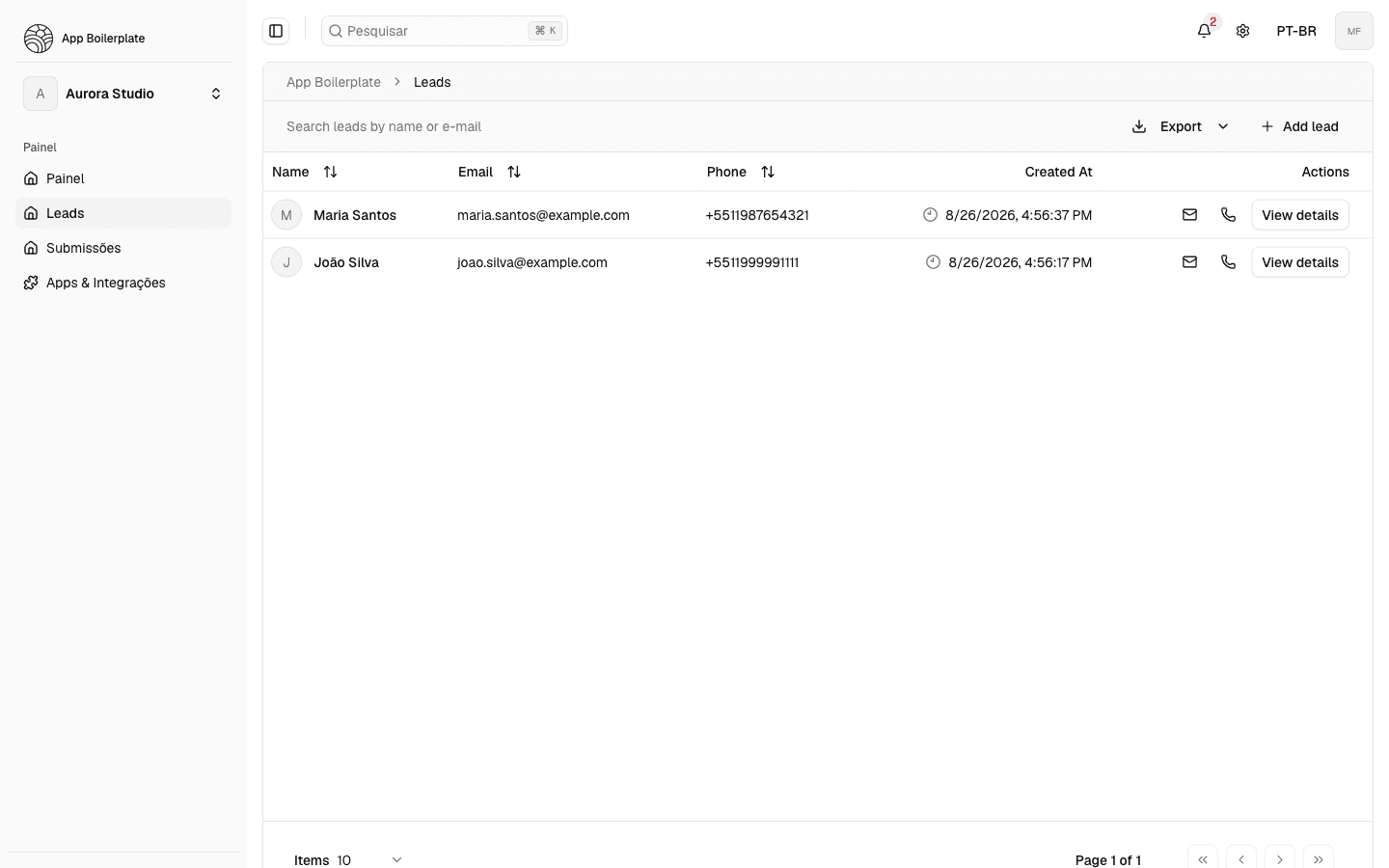 Leads page showing a comprehensive table of business contacts with search and management tools.