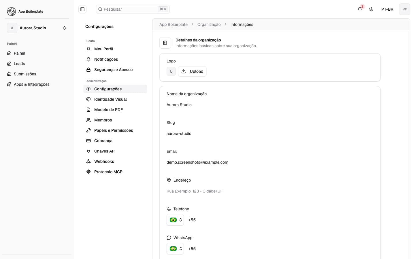 Organization information page showing branding and customization options.