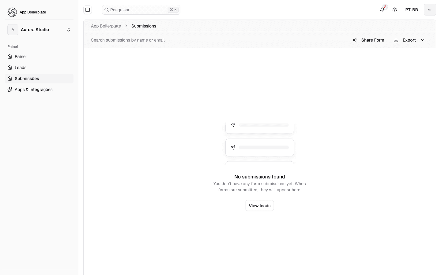 Submissions page showing form submission management tools and empty state.