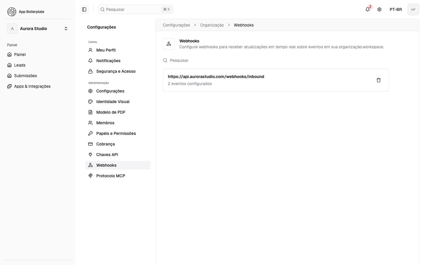 Webhooks page showing webhook configuration tools and management interface.