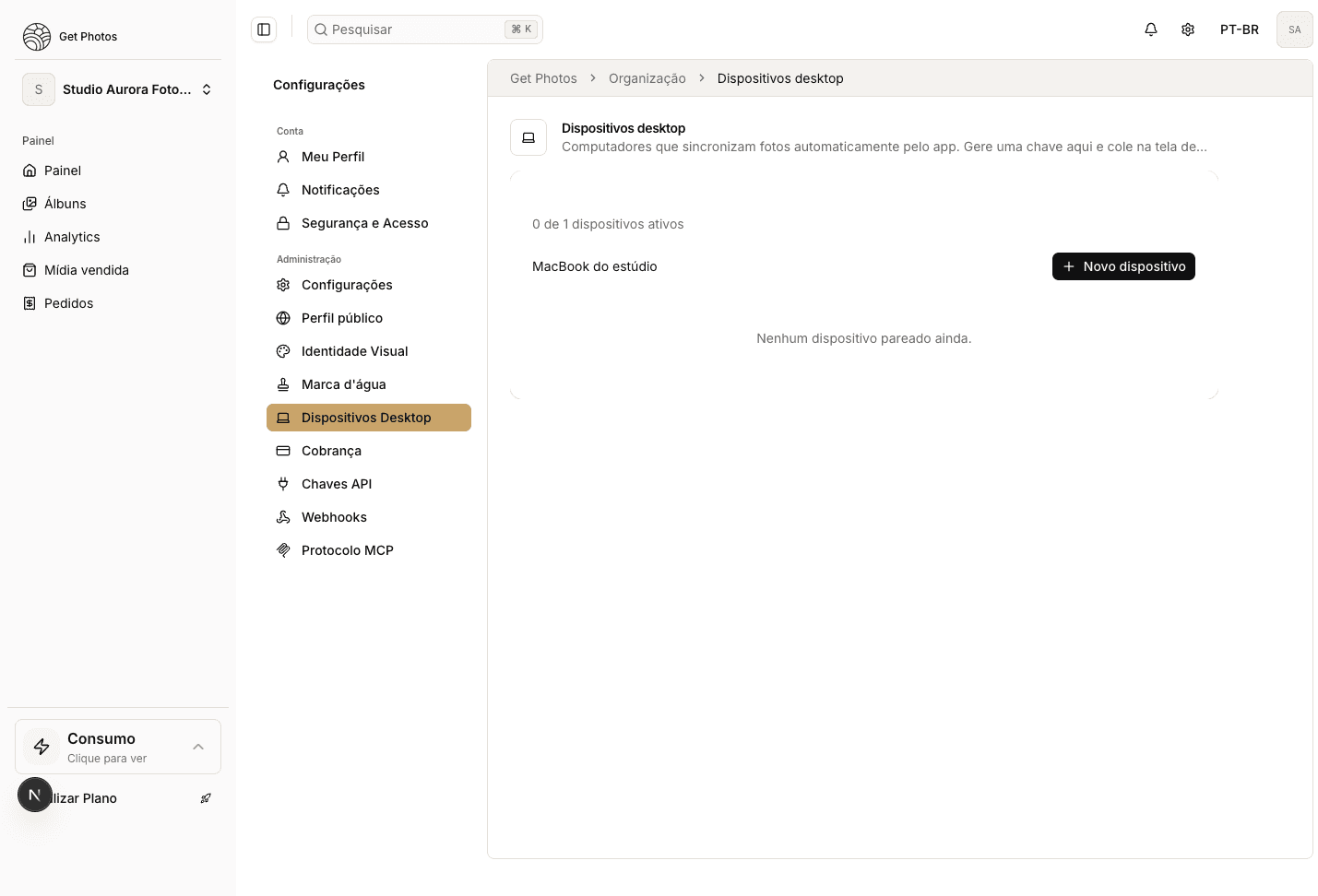 Campo de nome preenchido com "MacBook do estúdio", pronto para clicar em Novo dispositivo.