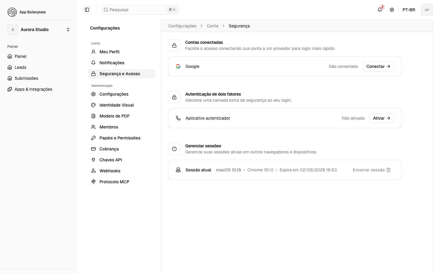 Security & Access page showing security settings and session management.