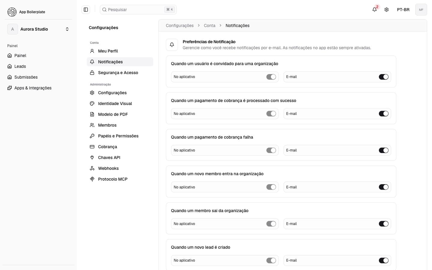Notifications page showing notification preferences for transactional and marketing communications.